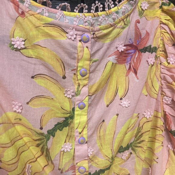 Farm Rio Pink Yellow Banana Print Blouse Size Large - Picture 8 of 11